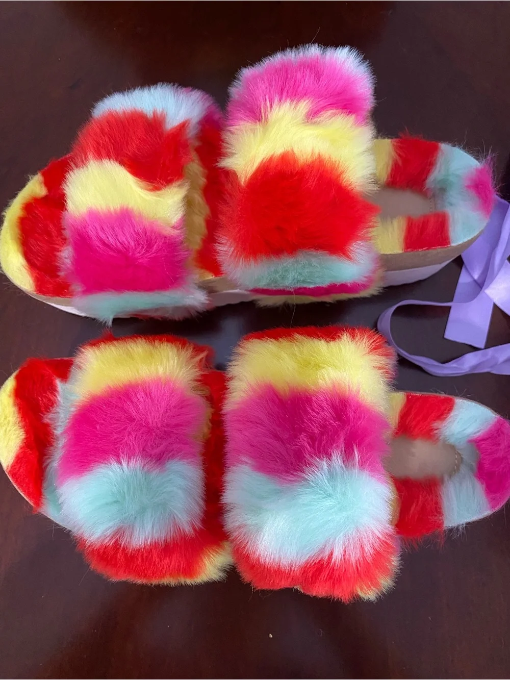 Madden Girl Multicolor Faux Fur Platform Slide Sandals